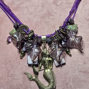 Purple Cord Mermaid Pendant Necklace with Glass Charms